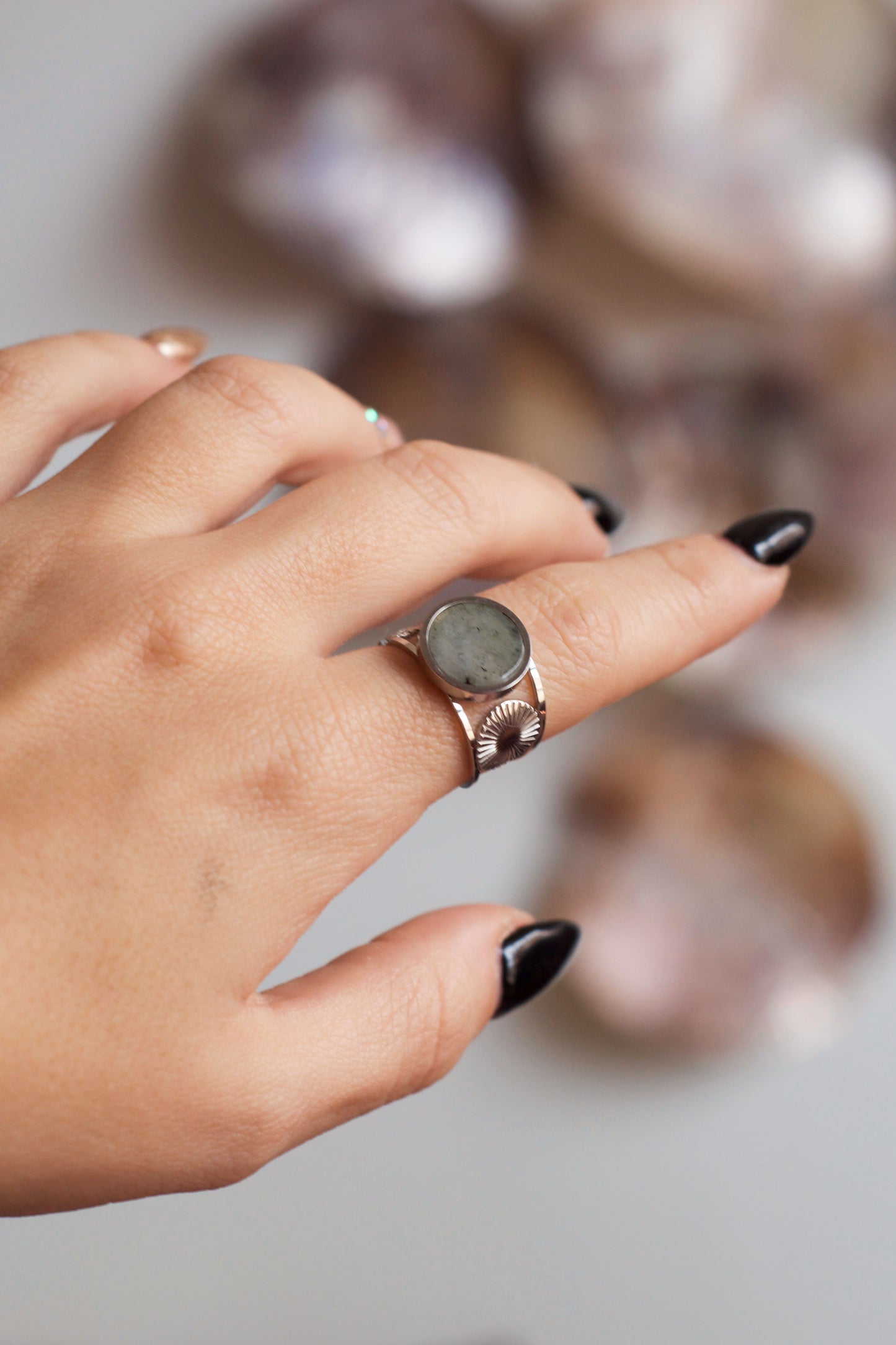 Anillo Acero Inox. Labradorita Plateado