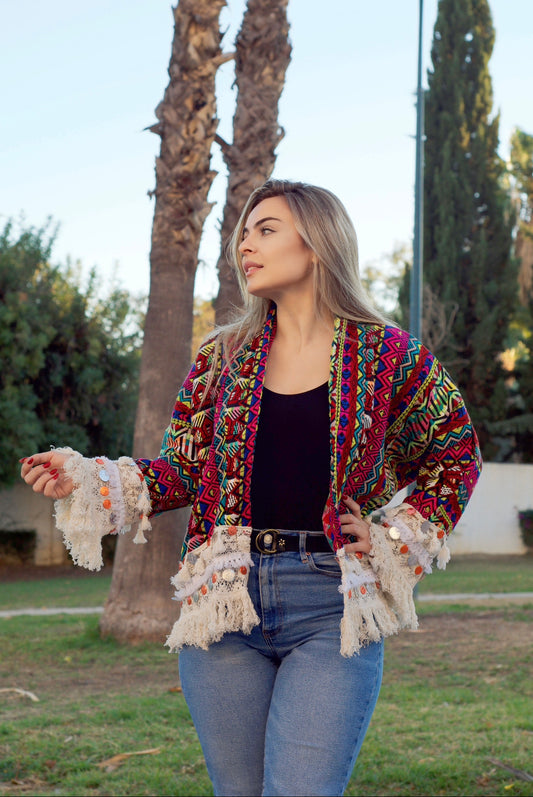 Chaqueta flecos y monedas Rosa